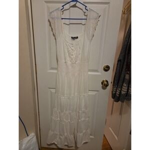 SR Fashions Women's Maxi Dress Ivory, V-Neck, Sleeveless, Lace, Gauzy, Boho, XL